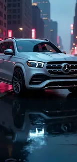 Luxury car in a neon-lit urban cityscape at night.