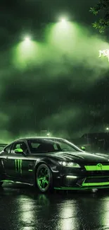 Sleek black sports car in neon green cityscape, under rain.