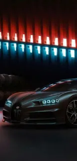 Sleek sports car in a neon-lit garage.