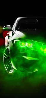 Sleek car illuminated by neon green light and smoke in a stylish wallpaper.