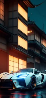 Sleek sports car in a neon-lit city street at night.