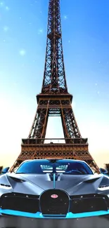 Sleek sports car with Eiffel Tower at night.