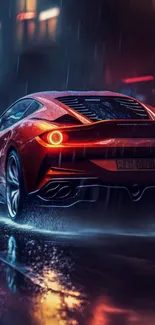 A sleek red sports car driving through a rainy, illuminated city street at night.