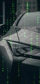 Sleek car in the rain with urban backdrop.