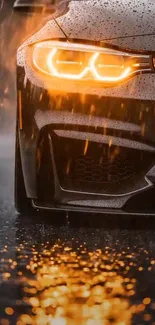 Sleek car with vibrant orange headlights in the rain, reflecting on wet road.