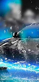 Sleek sports car under vibrant blue rainfall.