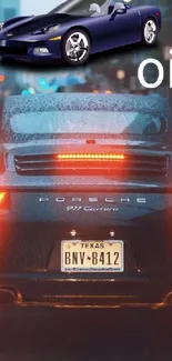 Sleek sports car illuminated by city lights on a rainy street at night.