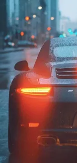 Sleek car on a rainy city street with lights.