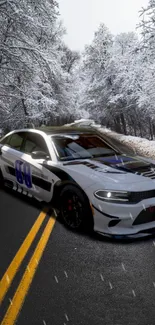 Sleek car on a snowy forest road with winter scenery.