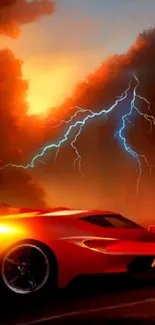 Vibrant orange sports car with lightning in stormy forest.