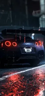 Black sports car with glowing red lights on a rainy city street at night.