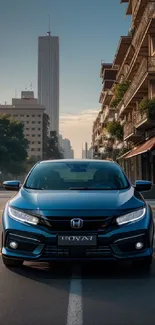 Sleek car driving through an urban street with tall buildings.