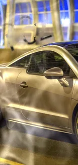 Sleek silver car with vapor on vibrant city background.