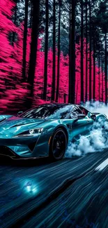 Sleek car speeding through vibrant pink forest.