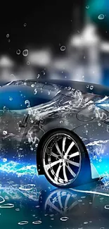 Sleek sports car with dynamic water splash against a vibrant city background.