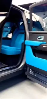 Luxurious car interior with blue accents.