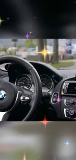 Sleek car interior with a modern dashboard and colorful sparkles.