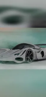 Futuristic gray sports car in misty background.