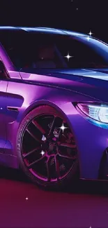 Sleek car in vibrant neon purple lighting, perfect for a modern phone wallpaper.