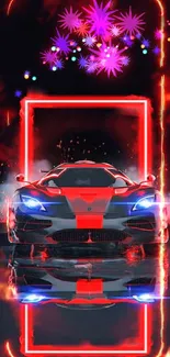 Dynamic sports car with neon red lights on mobile wallpaper.