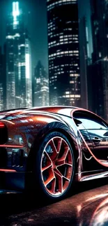 Sleek car in night cityscape with vibrant lights.
