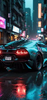 Sleek sports car under vibrant neon lights in a city street at night.