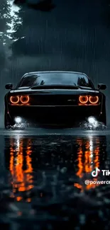 Sleek car in rainy night with reflections and glowing headlights.