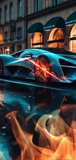 Futuristic blue car in urban night rain scene.