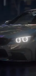 Sleek sports car with glowing headlights at night in the city.