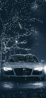 Sleek white car under city lights in night scene.