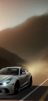 Sleek sports car on a misty mountain road with atmospheric lighting.