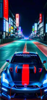 Sleek sports car on vibrant neon-lit street at night.