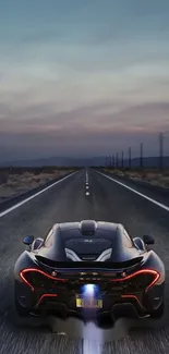 Sleek sports car speeding on a deserted road at twilight.