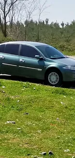 Green car parked on vibrant grass under a clear sky.