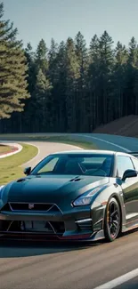 Sleek sports car on a winding scenic track with a forest background.