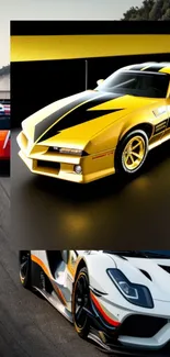 Yellow sports car racing wallpaper with dynamic design.