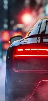 Sleek car rear lights glowing in a vibrant city night scene with dynamic design.