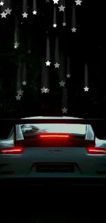 Rearview of a sleek sports car with glowing taillights against a dark background.