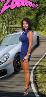 Dynamic scene with a car on a winding road surrounded by greenery.