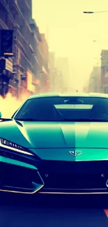 Sleek teal sports car speeding through a modern cityscape.