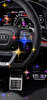 Close-up of a luxury car steering wheel with colorful sparkles in the background.