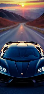 Black sports car driving on a scenic sunset road.
