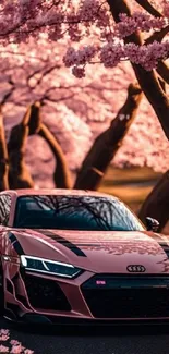 Sleek sports car under pink cherry blossoms, perfect mobile wallpaper.