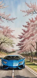 Blue sports car on a scenic road lined with cherry blossom trees.