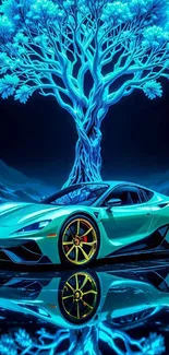 A sleek sports car under a glowing neon blue tree with a reflective surface.