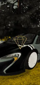 Illustration of a sleek black car under stylized trees with a golden geometric shape.