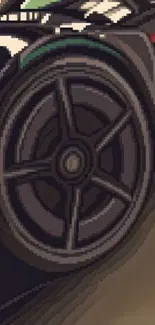 Close-up of a sleek car wheel in artistic design.