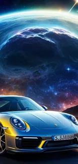 Sleek sports car on a road under a vibrant cosmic sky.