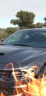 Sleek black car with fiery flames on display.