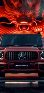 Red car with fiery dragon background wallpaper